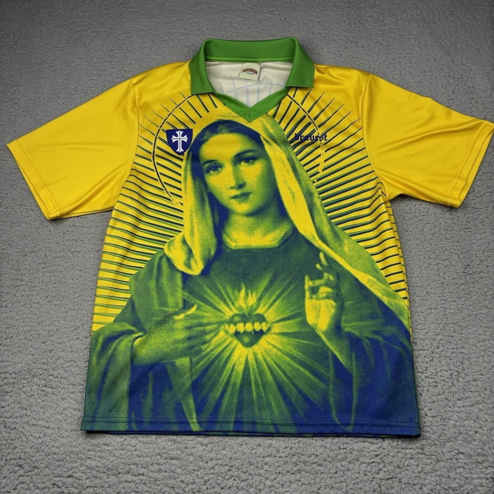 Bravest Studios Mary Soccer Jersey Polo Shirt Men's Large Yellow Graphic Brazil